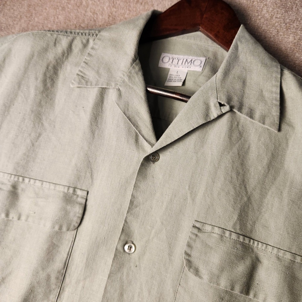 Ottimo 18 Via Roma Mens Large Linen Cotton Camp Shirt Sage Green Short Sleeve